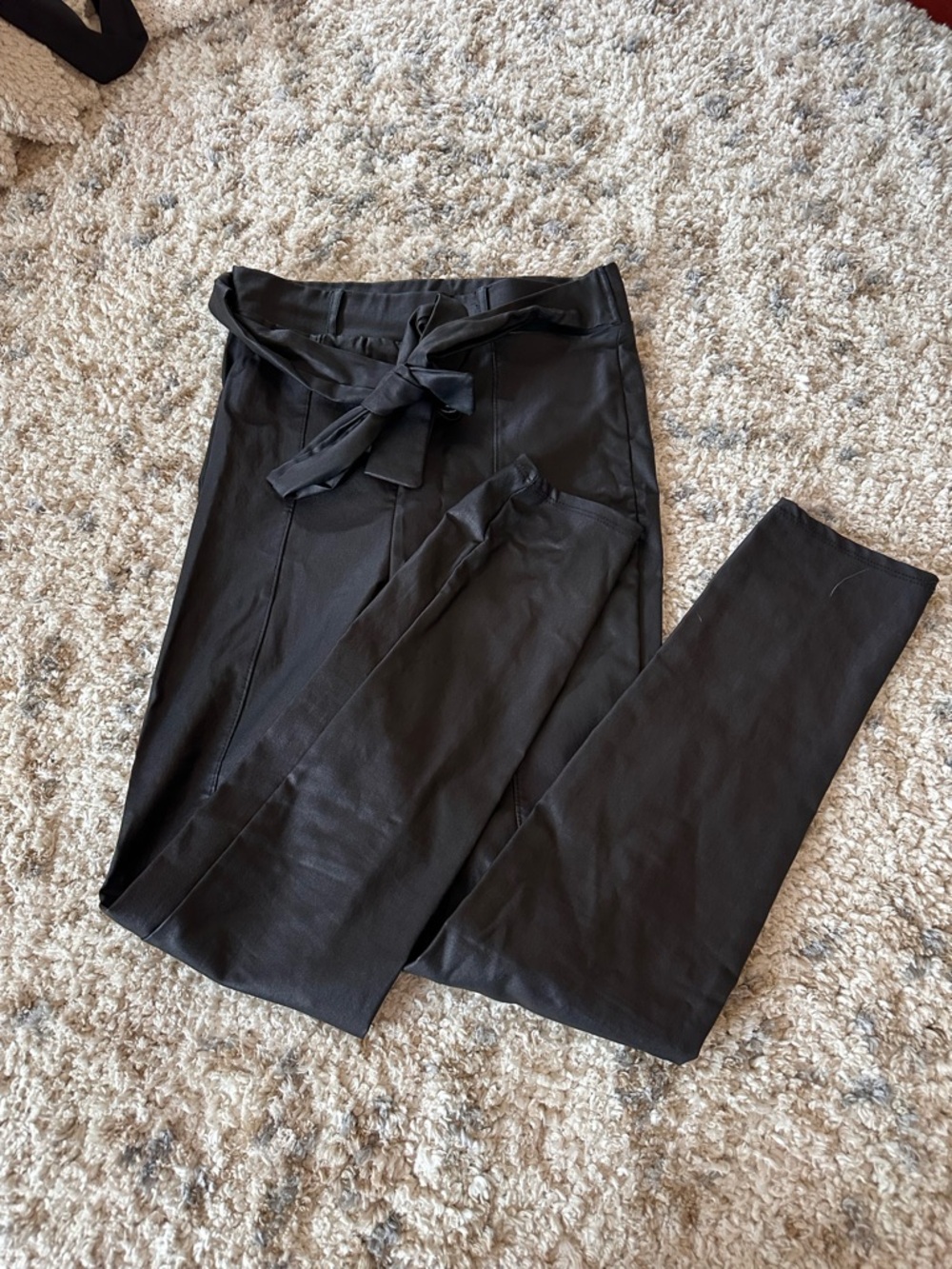 Black Tie-Waist leather pants